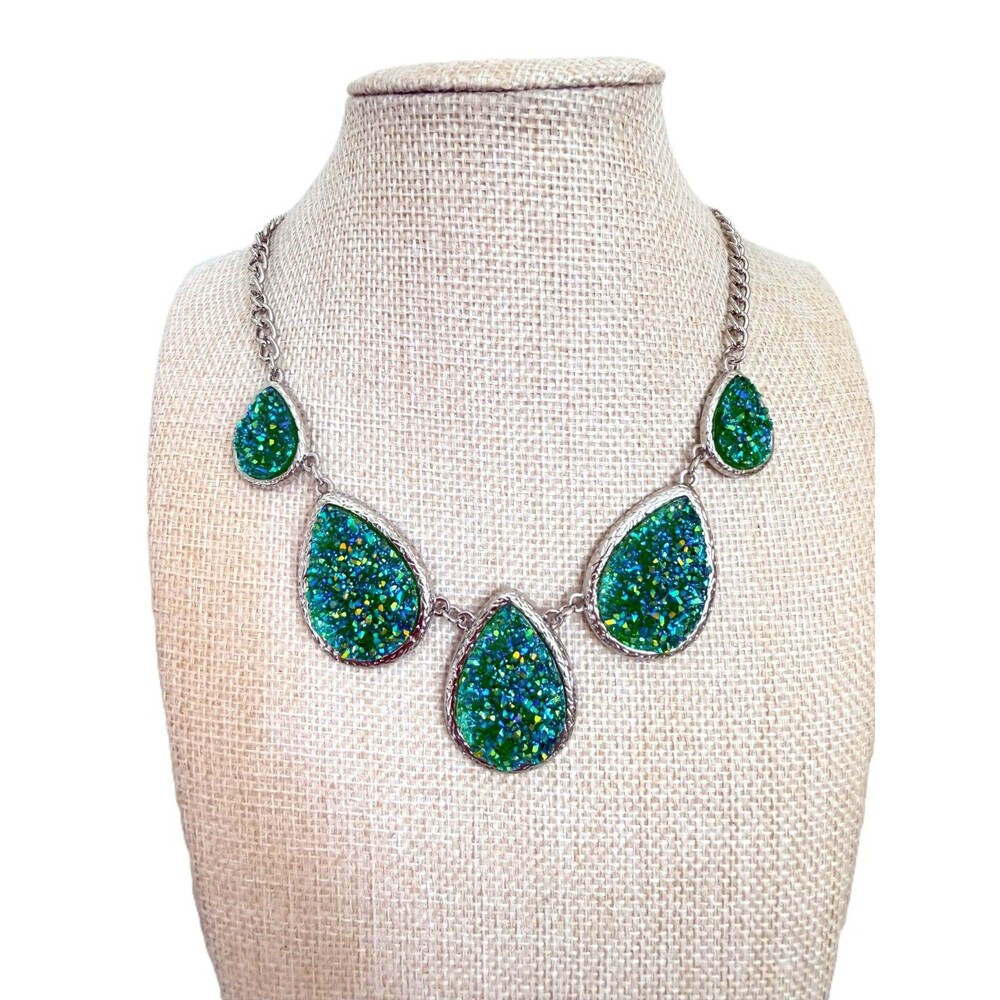 Green Druzy Teardrop Statement Necklace Silver Tone Iridescent Sparkle